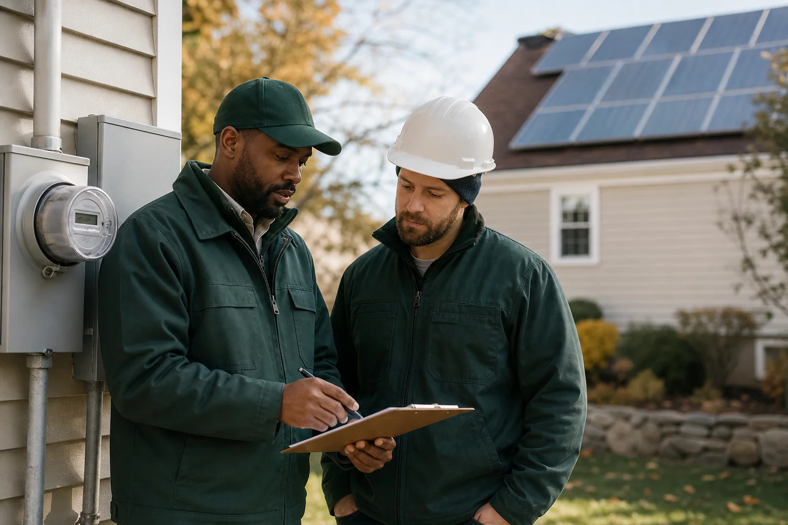 Utility worker and solar technician reviewing interconnection paperwork near a residential electrical meter in New England. photorealistic: A utility technician and a solar installer in work uniforms standing beside a home electrical meter