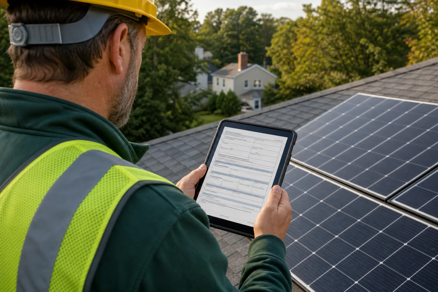 Close-up of solar installer submitting digital interconnection application on a tablet at a job site. photorealistic: Close-up shot of a solar installation professional holding a tablet displaying a utility interconnection application form