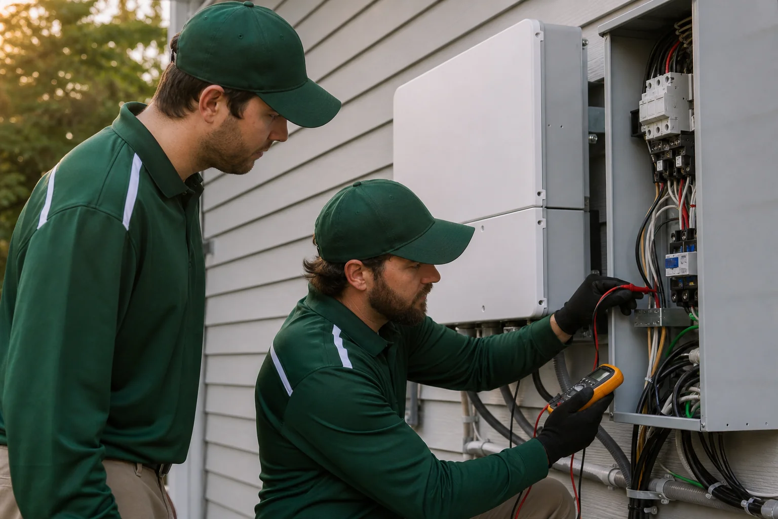 photorealistic: Two W-2 solar installation crew members in matching branded uniforms inspecting an outdoor electrical panel and inverter setup on the side of a New England home, checking wiring with a multimeter, late afternoon light, dark