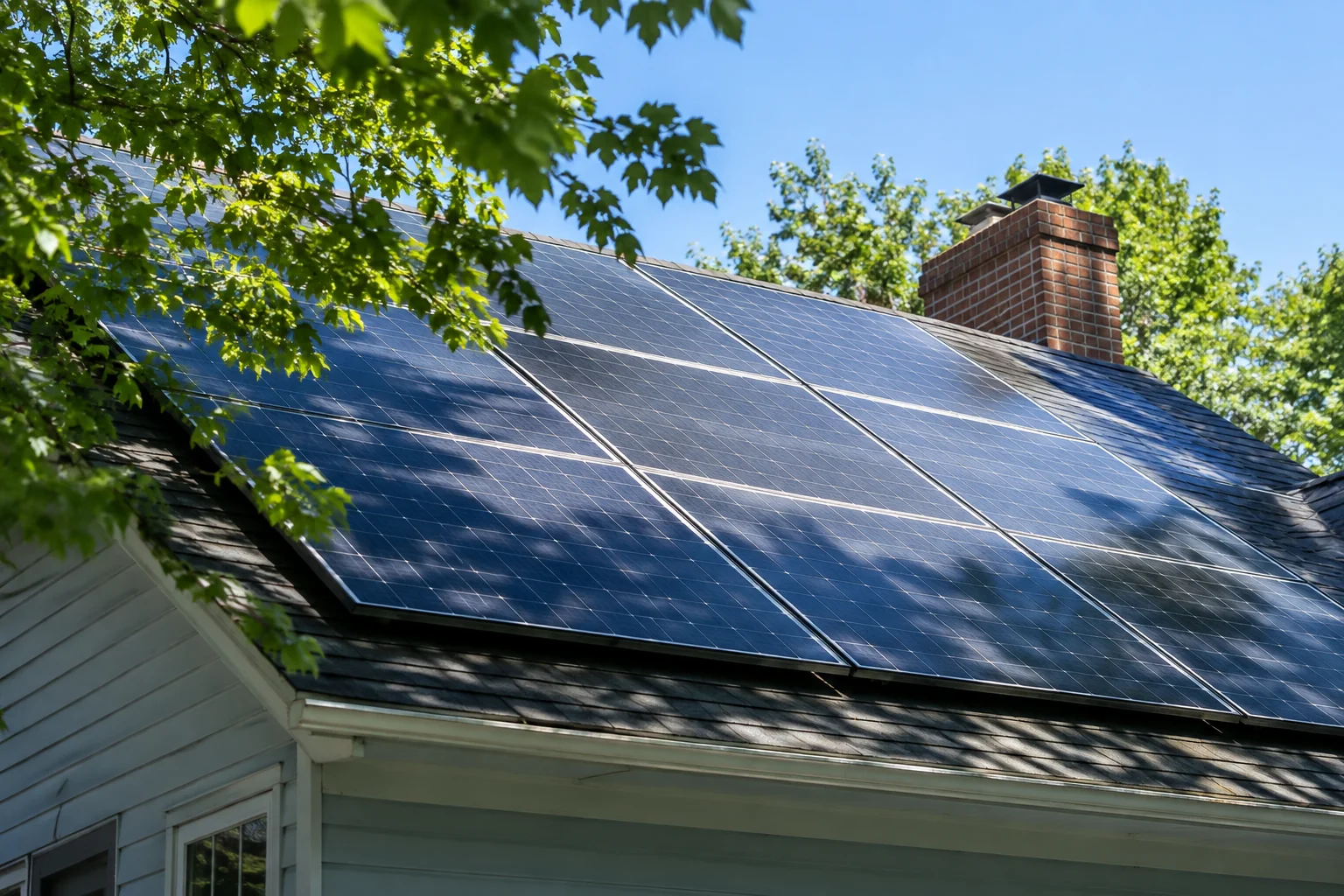Overgrown tree branches casting shade on a home solar array in summer. photorealistic: A close-up photo of a residential solar panel array on a New England home in summer, with tree branches and leaves encroaching at the edge of the frame