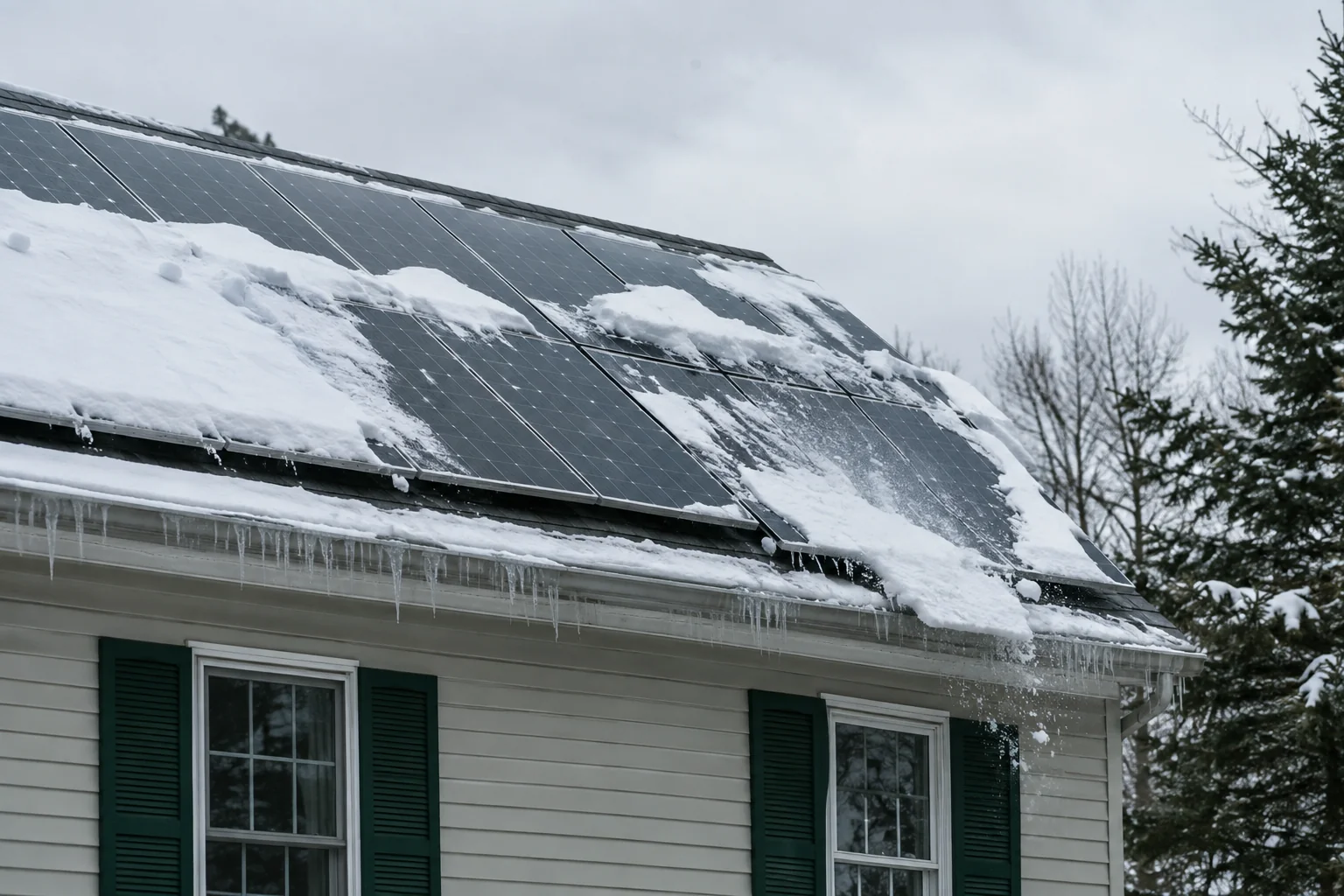 Snow sliding off a tilted solar panel array on a New England roof. photorealistic: A photorealistic image of snow partially sliding off a tilted rooftop solar panel array on a New England home in winter, icicles along the roofline, overcast