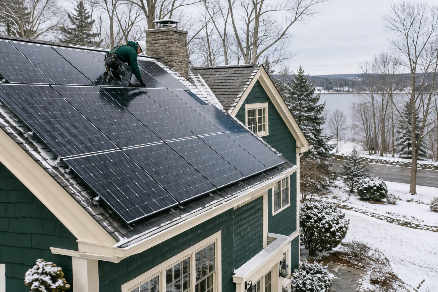 Rooftop solar array in New England with snow on the ground, showing a technician inspecting panels. photorealistic: A wide shot of a residential rooftop solar panel array in New England during early spring, light snow dusting the