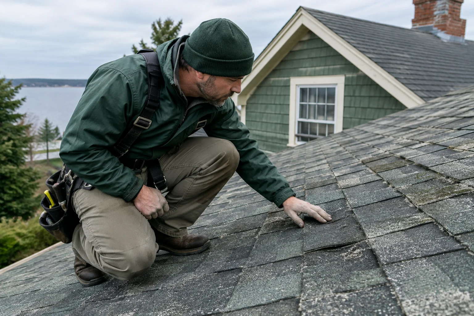 Homeowner and installer inspecting aging asphalt shingles on a Connecticut home roof