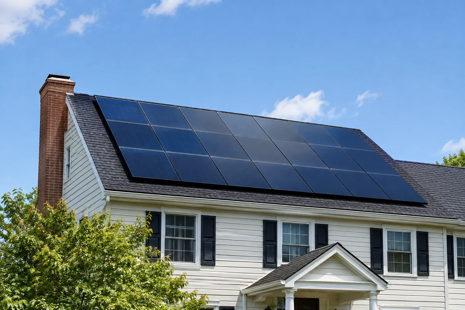 New solar panels installed on a freshly re-roofed home in New England