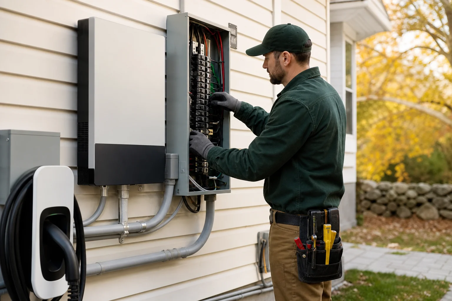 Electrician inspecting a home electrical panel next to a solar inverter and EV charger. Photorealistic photo of a licensed electrician in work uniform inspecting an open residential electrical panel mounted on an exterior wall, with a solar