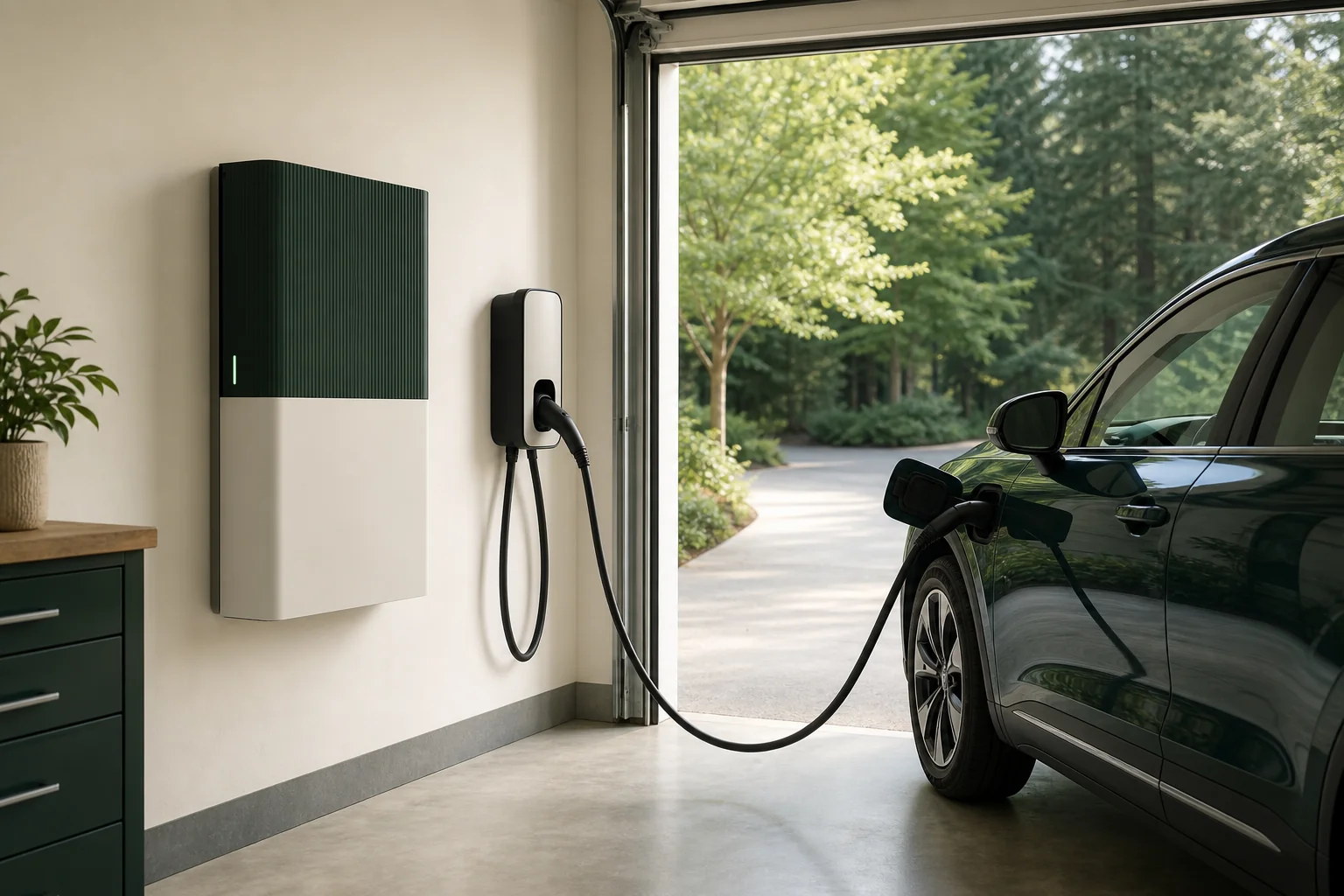 Home battery storage unit mounted in garage next to EV charging port. Photorealistic photo of a sleek home battery storage unit mounted on a garage wall beside a Level-2 EV charger with the charging cable plugged into an electric vehicle