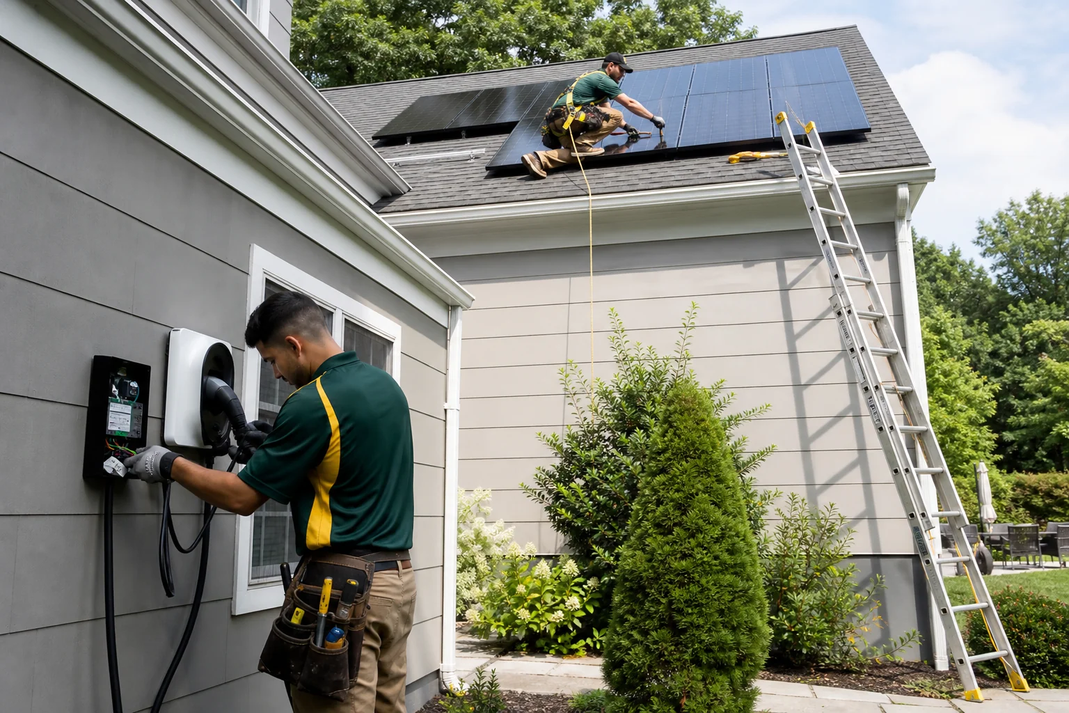 In-house install crew working together on rooftop solar panels and home EV charger wiring. Photorealistic photo of two uniformed solar installation technicians working as one team, one on a residential rooftop placing solar panels and one
