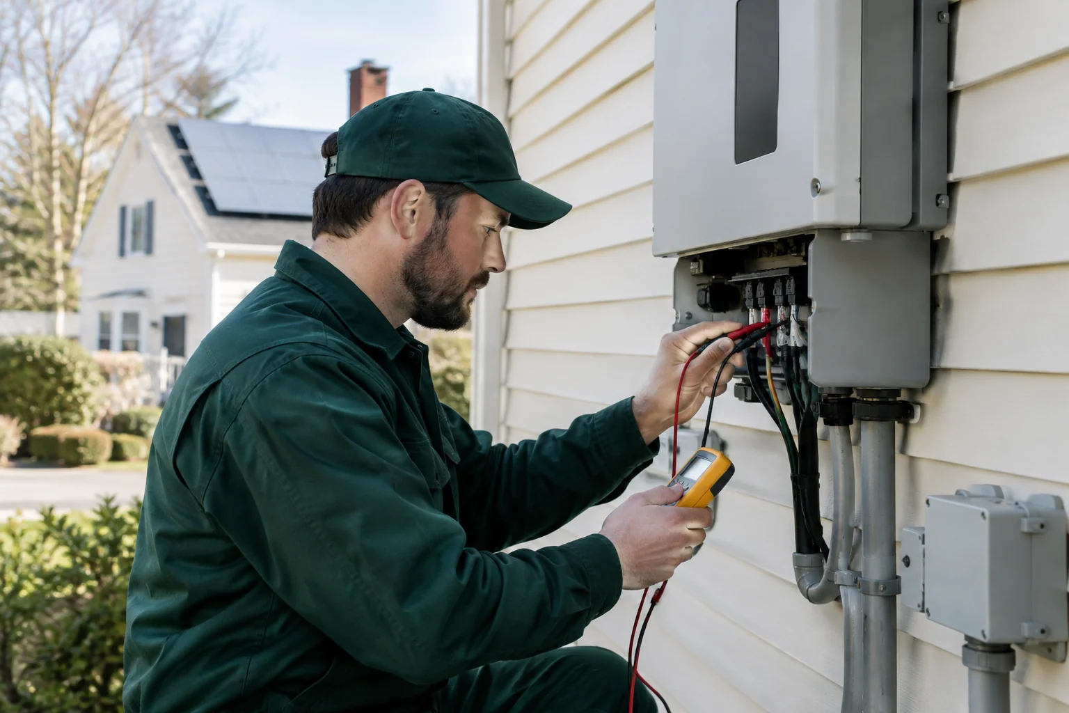 Technician inspecting an older rooftop solar inverter and panel wiring during a battery retrofit assessment. Photorealistic photo of a solar technician in work clothes inspecting an older rooftop solar inverter box mounted on an exterior