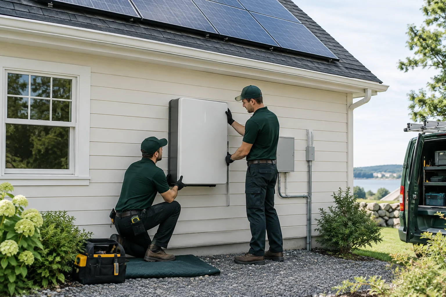 Local solar crew installing a battery storage unit on the exterior wall of a home with existing solar panels visible on the roof. Photorealistic photo of a two-person solar installation crew in branded uniforms mounting a home battery