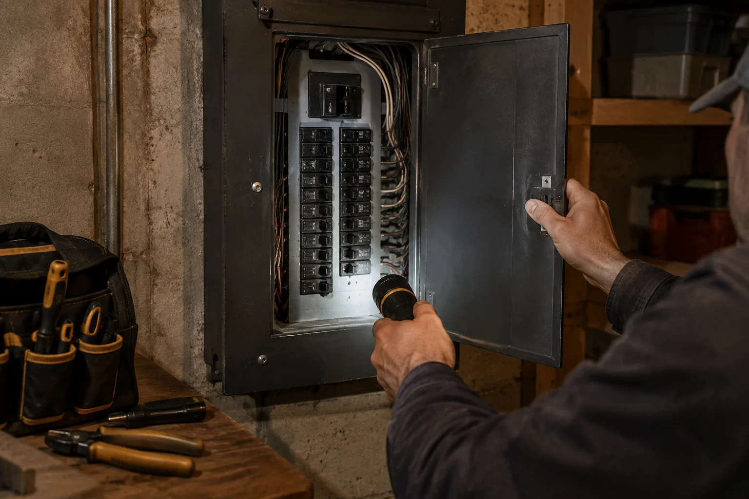 Photorealistic photo of an electrician's hands opening an older residential electrical panel door in a basement or garage, inspecting breakers with a flashlight, tools laid out nearby, muted indoor lighting with warm tones, color accents of