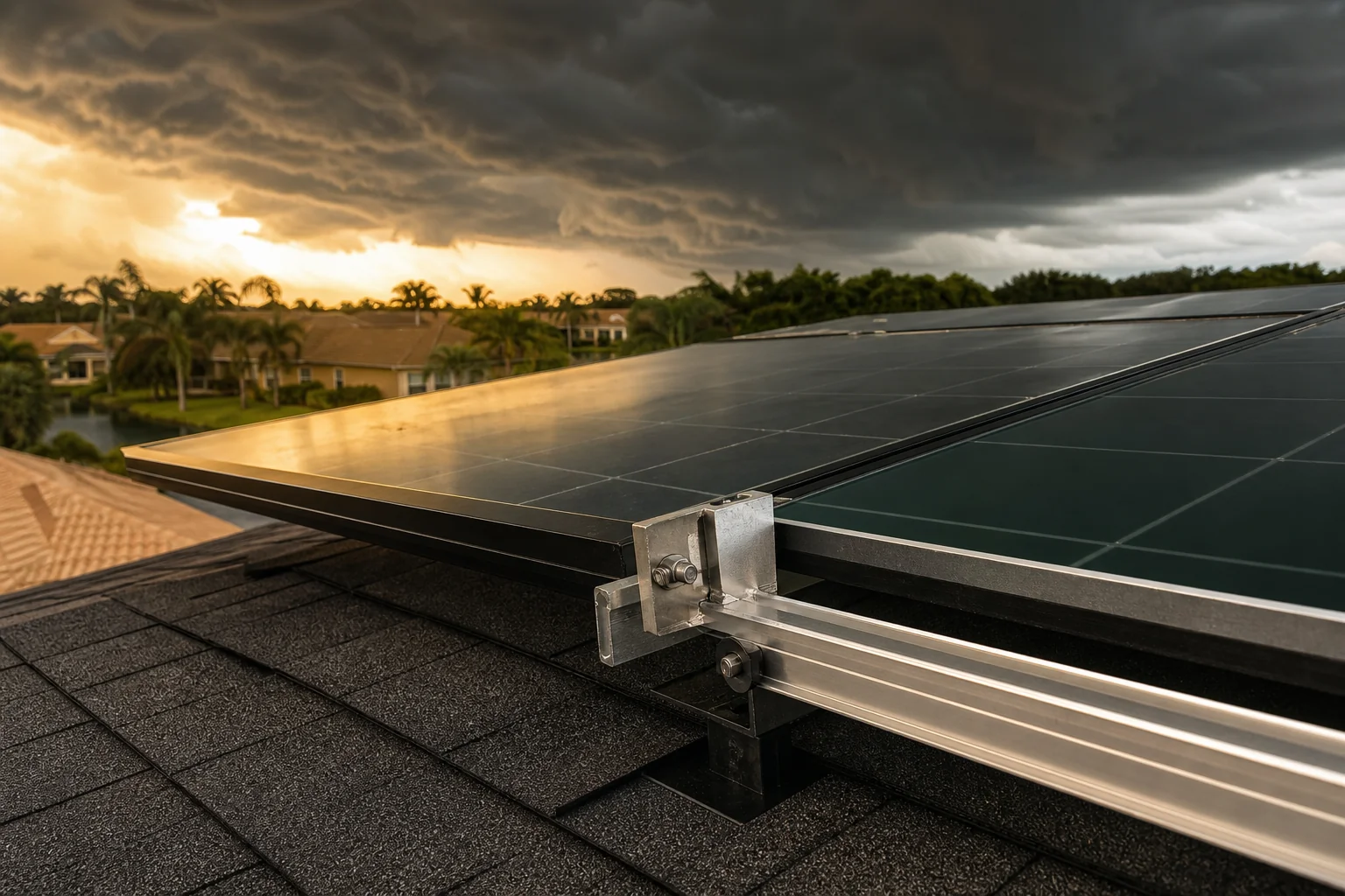 Close-up of a rooftop solar racking clamp and rail system on a Florida home under a stormy sky. photorealistic close-up photograph of a rooftop solar panel racking system with metal clamps and rails, dark storm clouds gathering in the