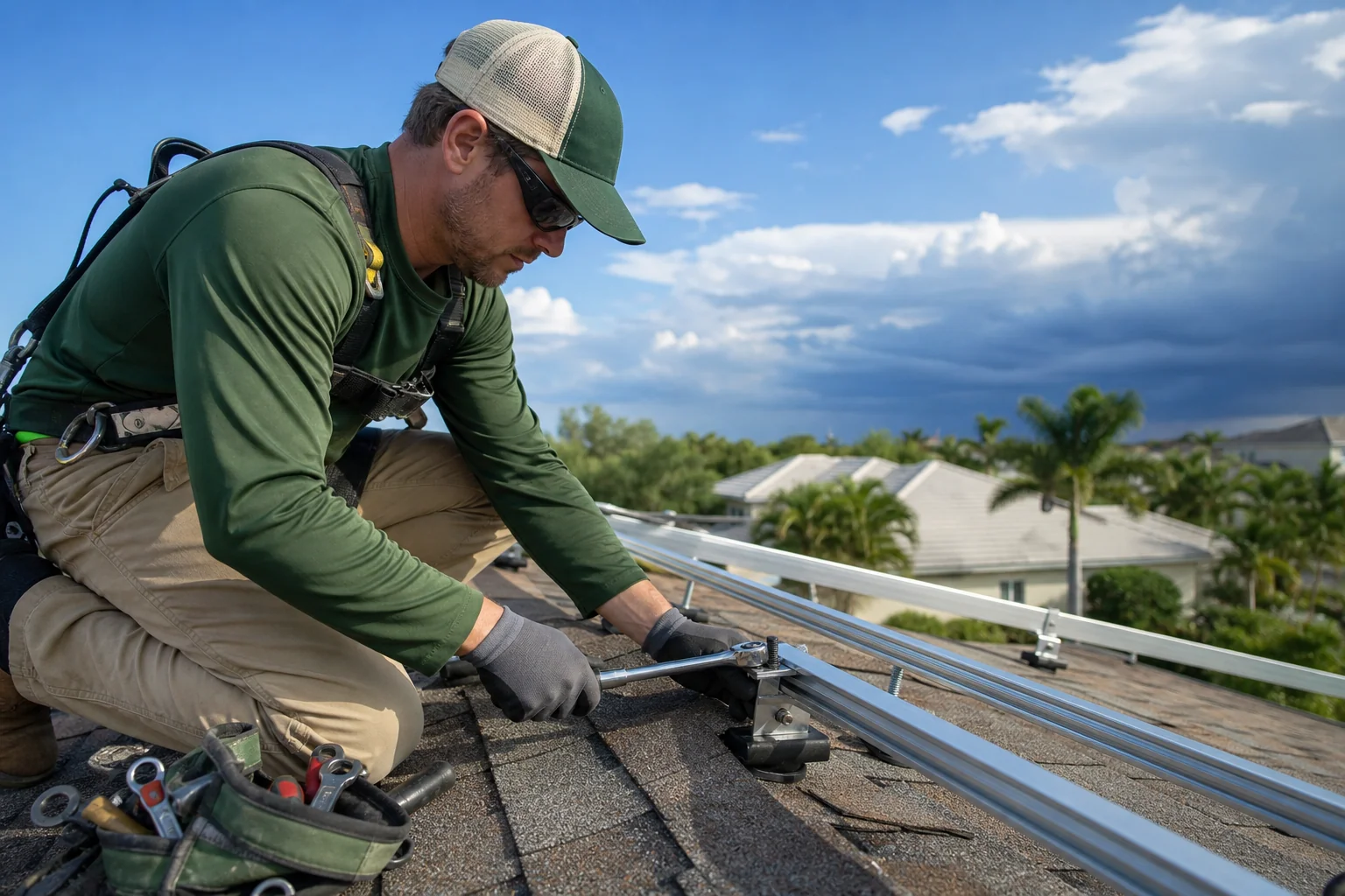 Installer securing solar panel mounting hardware on a residential roof. photorealistic photograph of a solar installer in work gear tightening bolts on an engineered solar panel mounting rail on a residential rooftop in Florida, clear blue