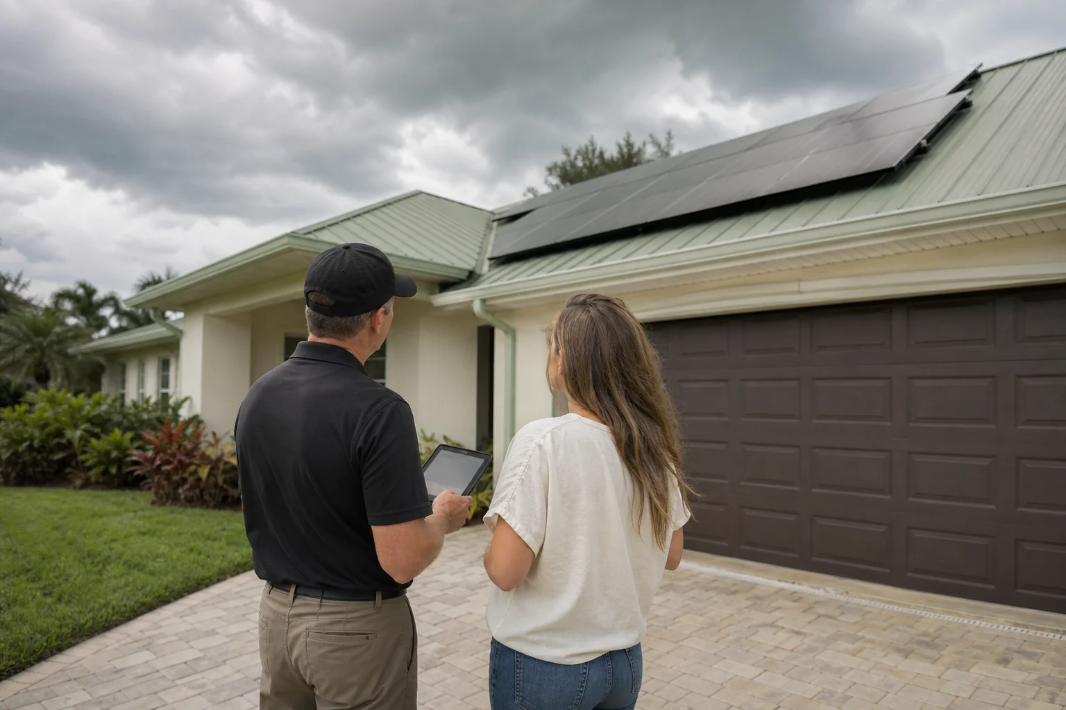 Homeowner and technician reviewing a home solar shutdown checklist before an approaching storm. photorealistic photograph of a solar technician and homeowner standing in a driveway looking up at a rooftop solar array, overcast pre-storm