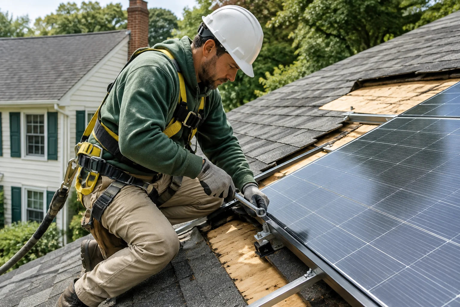 Crew member detaching a rooftop solar panel from racking on a New England home