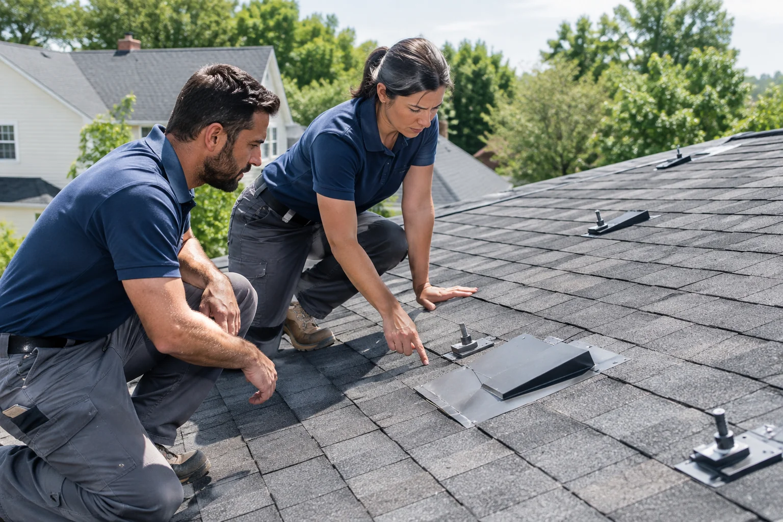 Roofer and solar installer reviewing new flashing on a freshly roofed house