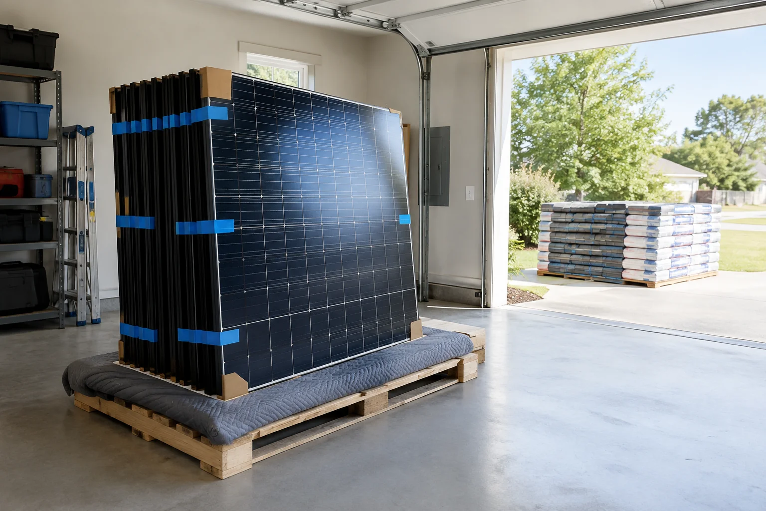 Solar panels stacked and padded on a pallet in a garage during roof work