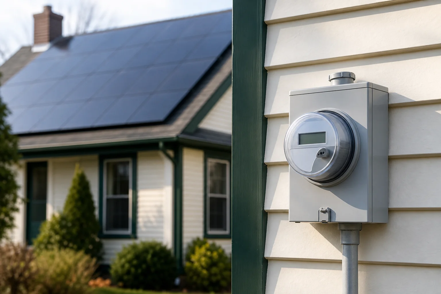 Bidirectional utility meter on a New England home with solar panels visible on roof. Photorealistic photo of a modern bidirectional digital utility meter mounted on the exterior wall of a New England style home, solar panels visible on the