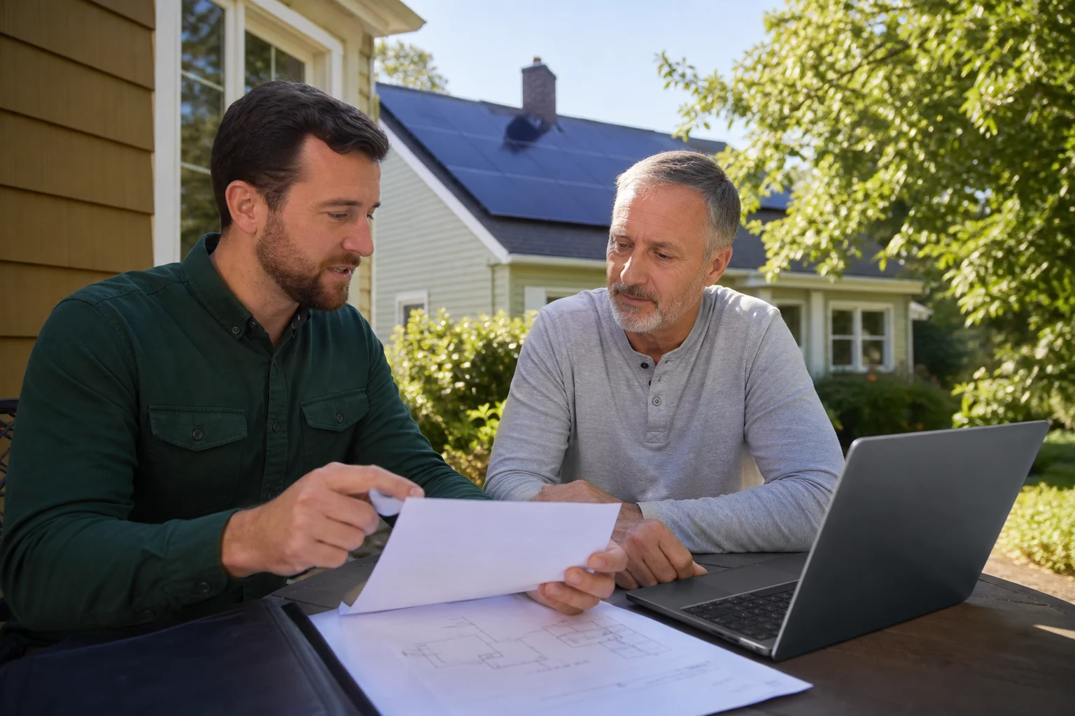 Solar installer reviewing interconnection paperwork with a homeowner on a porch. Photorealistic photo of a professional solar technician in a dark green branded work shirt reviewing a printed interconnection application and one-line diagram
