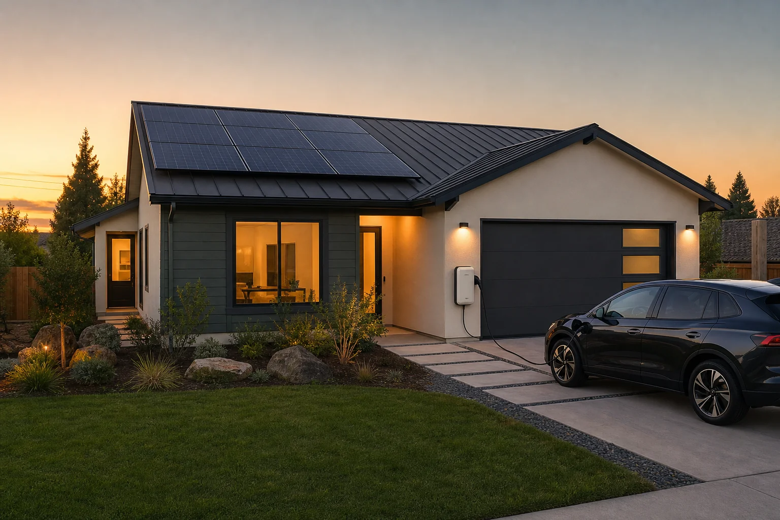 Home with solar panels, battery storage unit, and EV charging in driveway. Photorealistic photo of a suburban home exterior showing rooftop solar panels, a wall-mounted home battery storage unit near the garage, and an electric vehicle