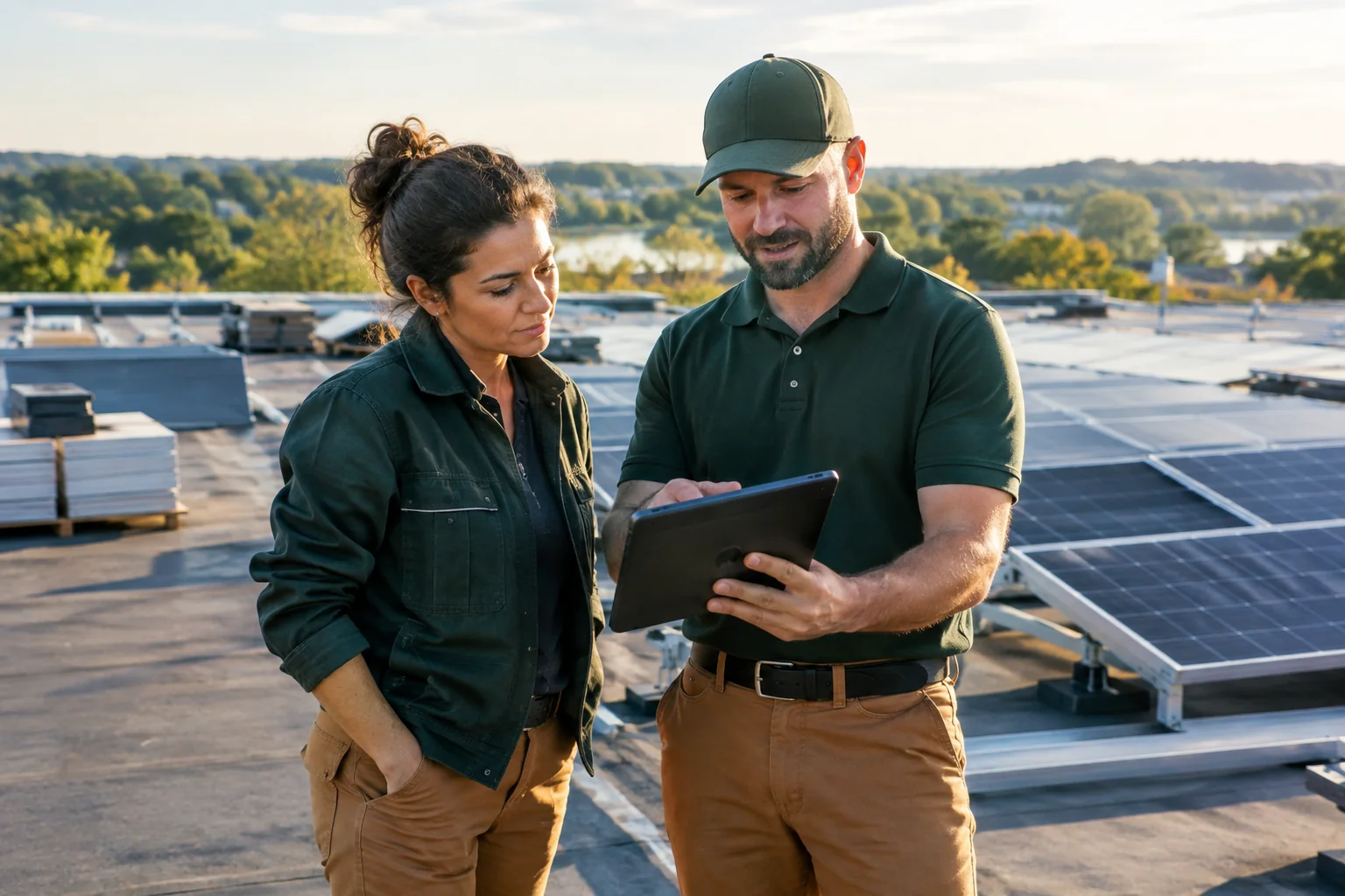 Small business owner and solar installer reviewing a commercial rooftop solar layout with tax documents. photorealistic: A confident small business owner in work clothes stands on a flat commercial rooftop in Connecticut next to a solar