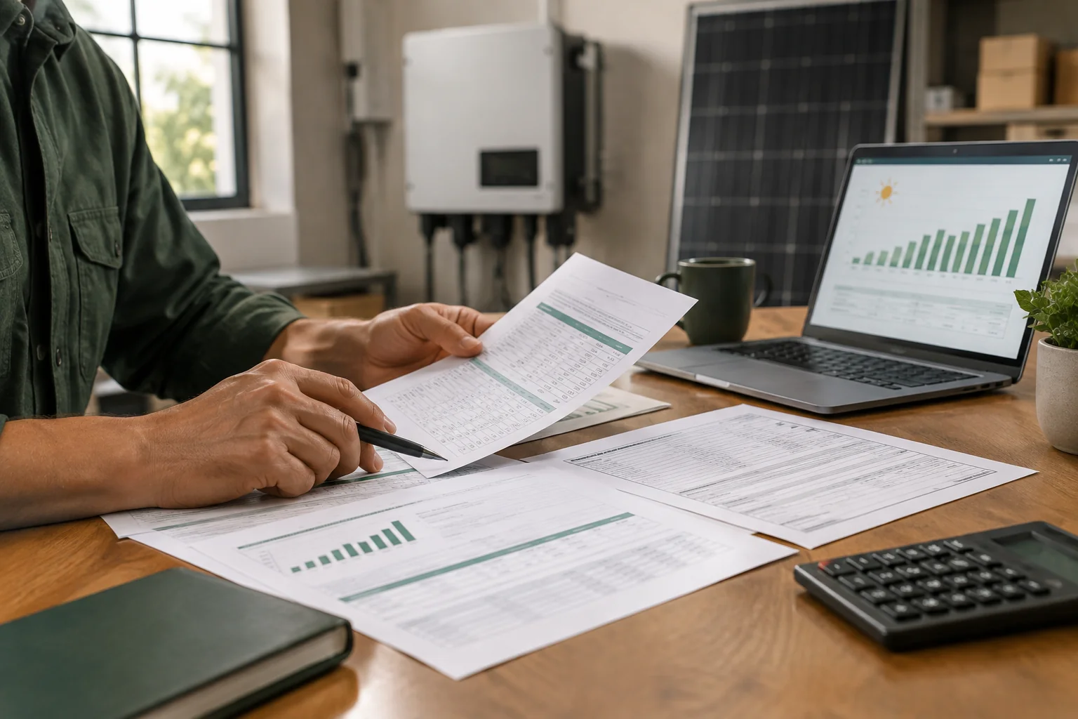 Close-up of a business owner reviewing financial depreciation paperwork next to commercial solar equipment. photorealistic: close-up shot of a small business owner's hands reviewing printed financial depreciation schedules and tax forms on
