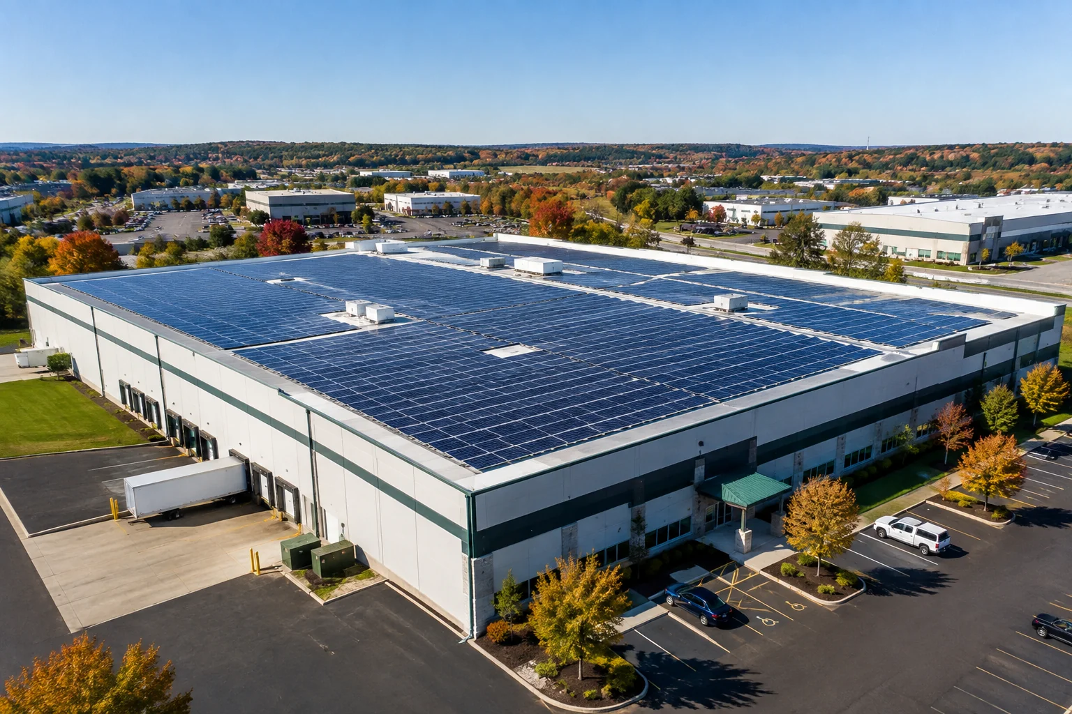 Commercial rooftop solar array on a New England warehouse under clear sky. photorealistic: wide aerial-style photograph of a mid-size commercial warehouse rooftop in New England fully covered with rows of solar panels, surrounding light