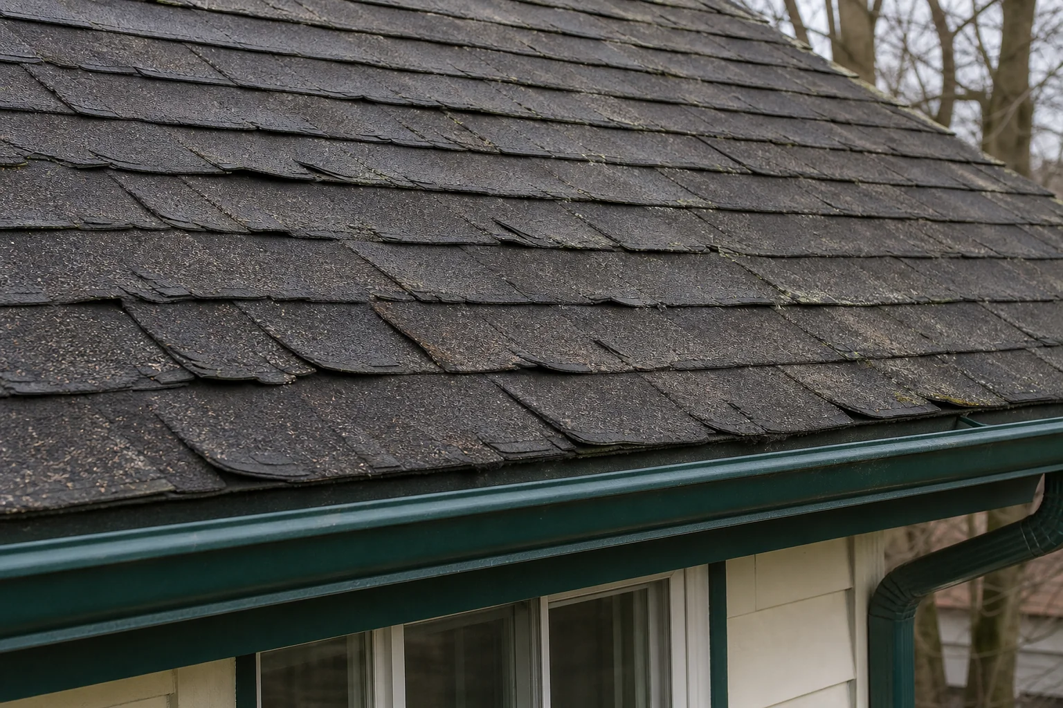 Close-up of worn, curling asphalt shingles showing granule loss and weathering. Photorealistic close-up photo of aged asphalt roof shingles showing curling edges, granule loss, and weathering damage, shot in natural daylight, textured
