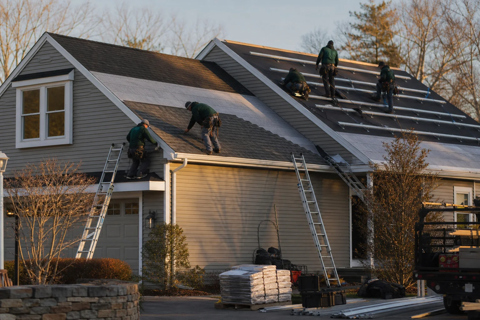 Single crew installing both new roofing shingles and solar panel racking on the same house. Photorealistic photo of a single work crew wearing matching dark green #0A2E1F branded jackets installing new roof shingles on one section of a