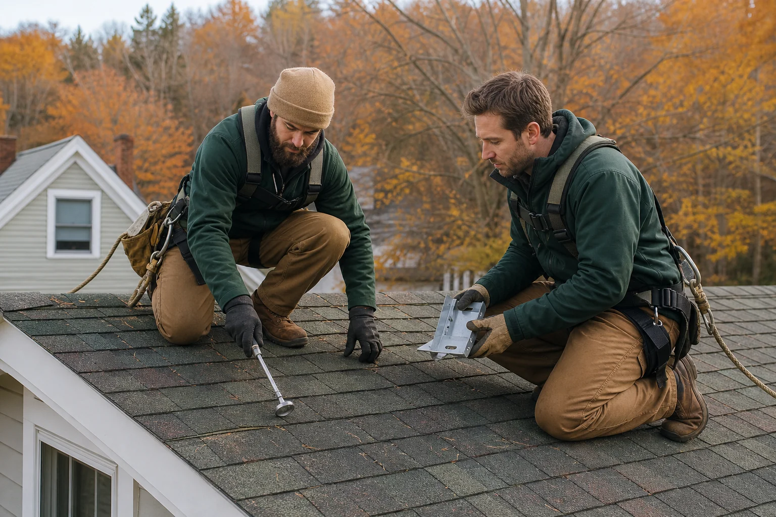 Roofing contractor and solar installer inspecting an older asphalt shingle roof together before installation. Photorealistic photo of two workers in safety harnesses on a residential asphalt shingle roof in New England, one holding a
