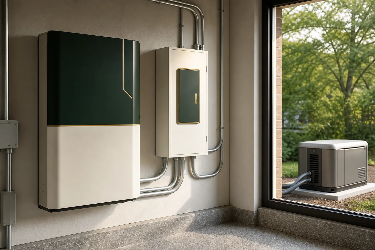Home electrical setup showing solar panels, battery, and generator working together. photorealistic, a clean modern home electrical and energy equipment room showing a wall-mounted battery storage unit, an automatic transfer switch panel