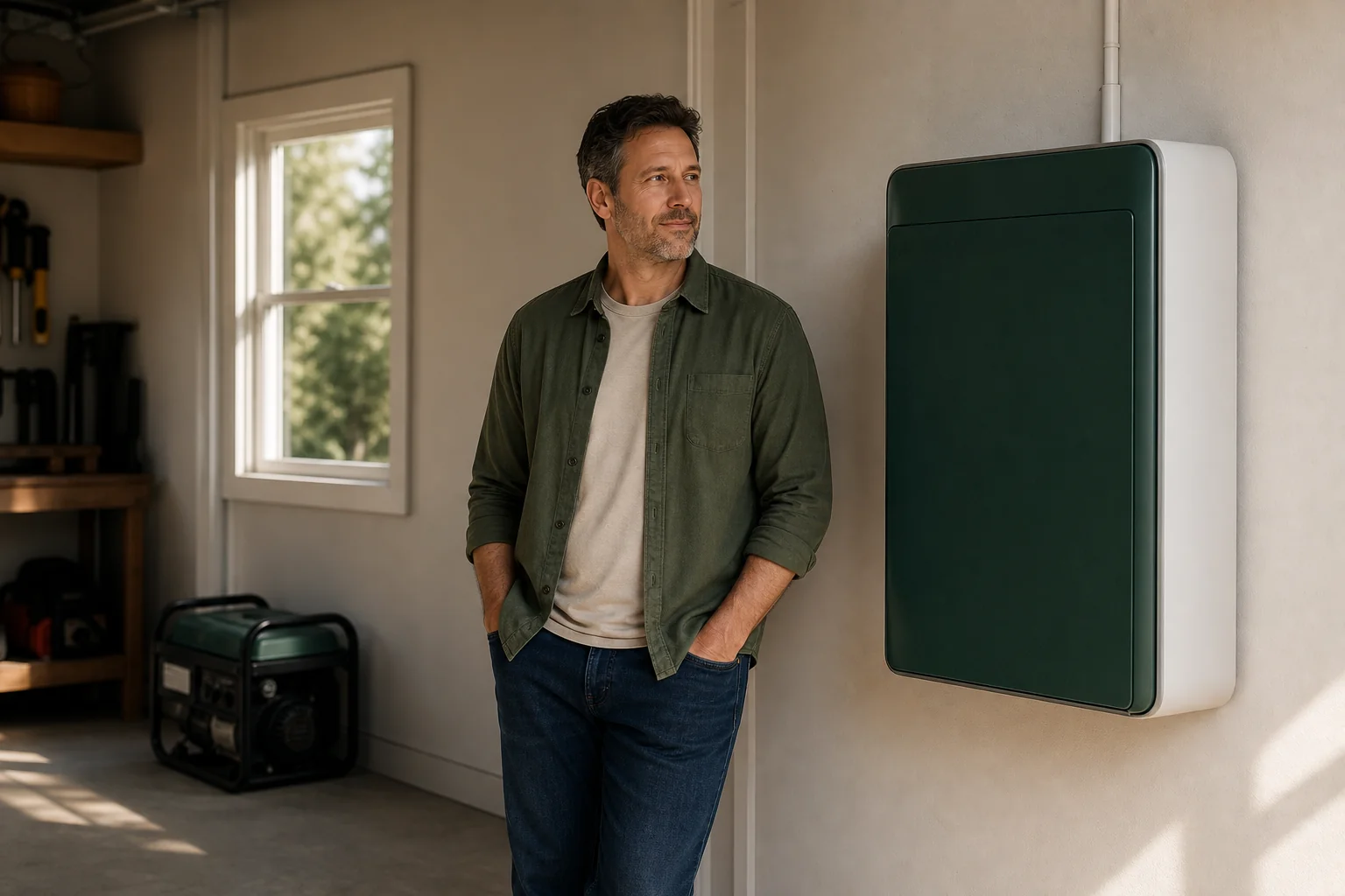 Homeowner reviewing battery storage system as backup power alternative to generator. photorealistic, a homeowner in casual clothing standing in a garage next to a sleek wall-mounted home battery storage unit in dark green and white housing