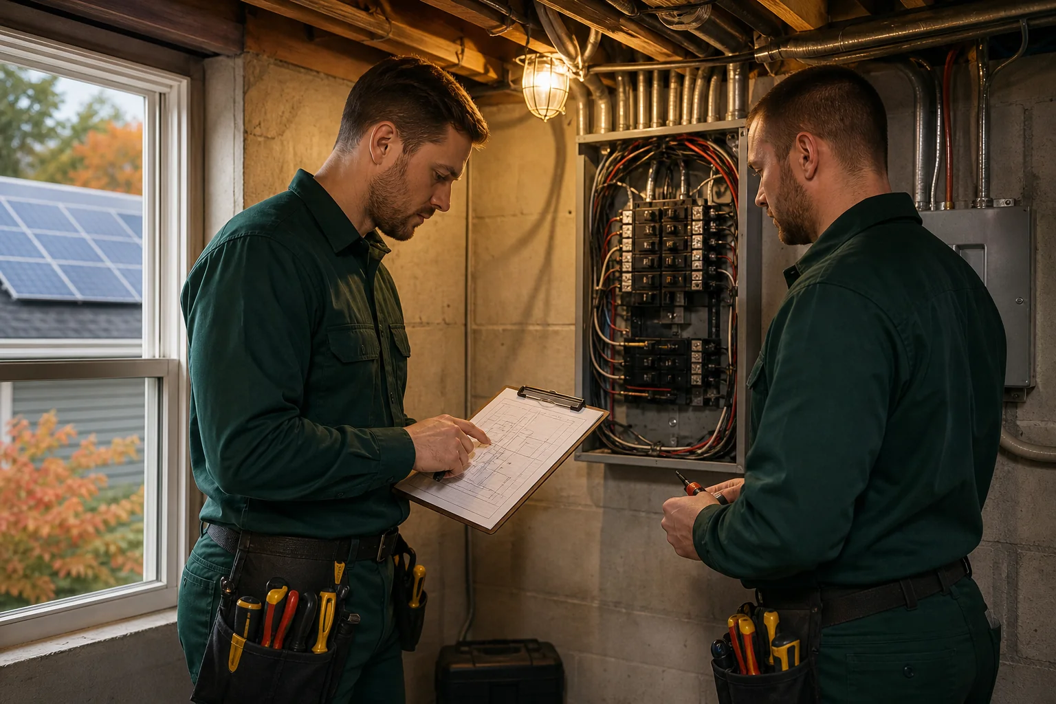 Solar installer and electrician planning wiring integration on a home rooftop and electrical panel. photorealistic, two professional electricians in work uniforms examining an open electrical panel and wiring diagram on a clipboard inside a