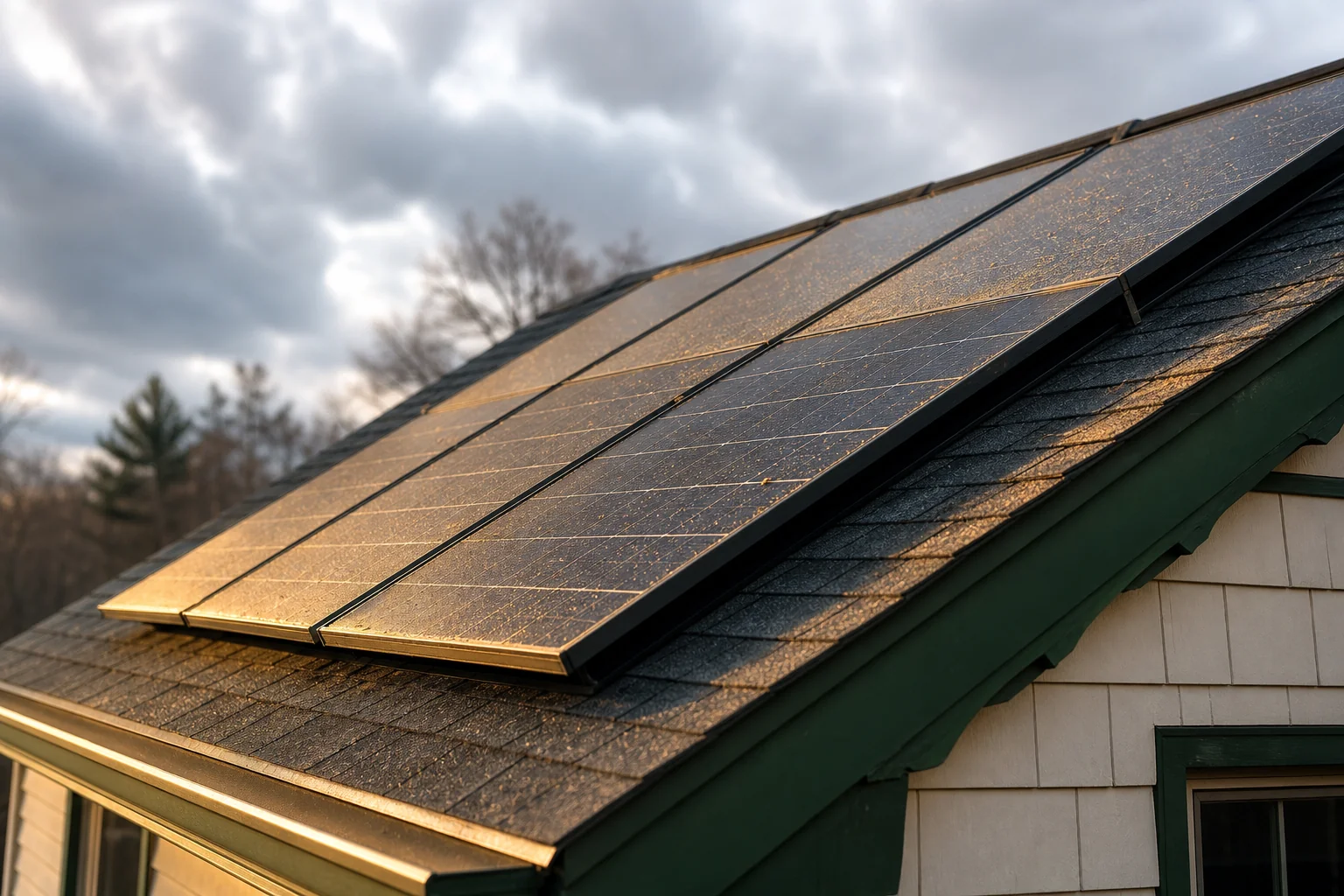 Close-up of weathered solar panels on a New England home roof showing subtle wear. Photorealistic close-up photograph of an aging residential solar panel array on a shingled New England rooftop, subtle weathering and dust visible on panel