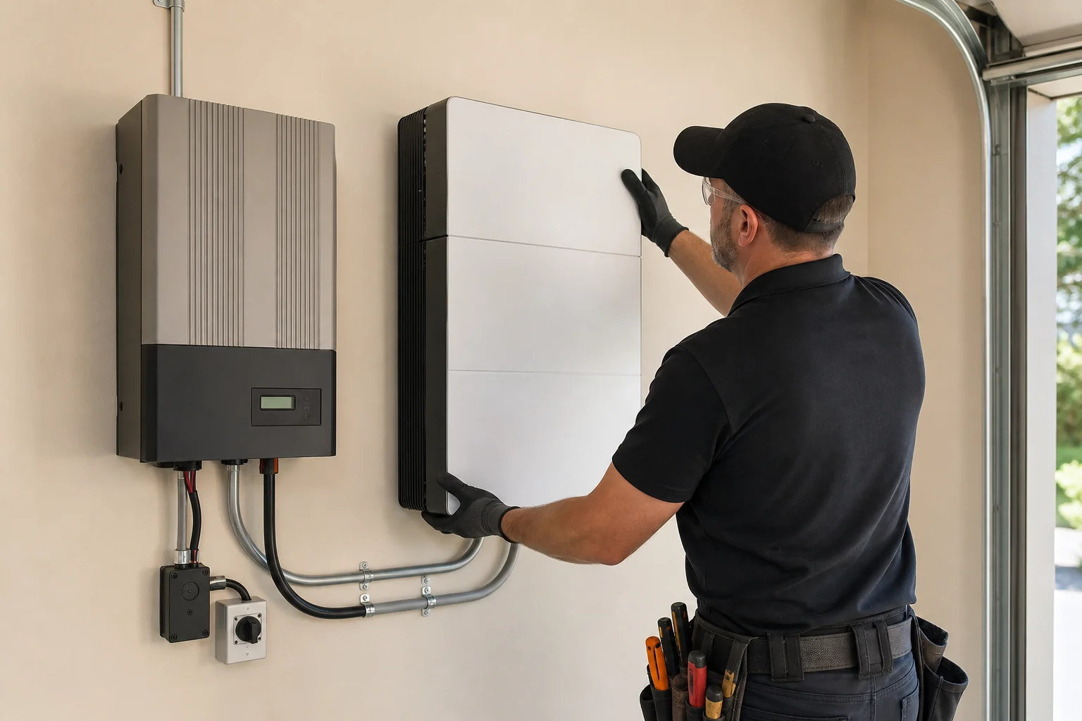 Technician installing a home battery storage unit next to an older solar inverter in a garage. Photorealistic photograph of a professional solar technician in work uniform installing a modern home battery storage unit on a garage wall next