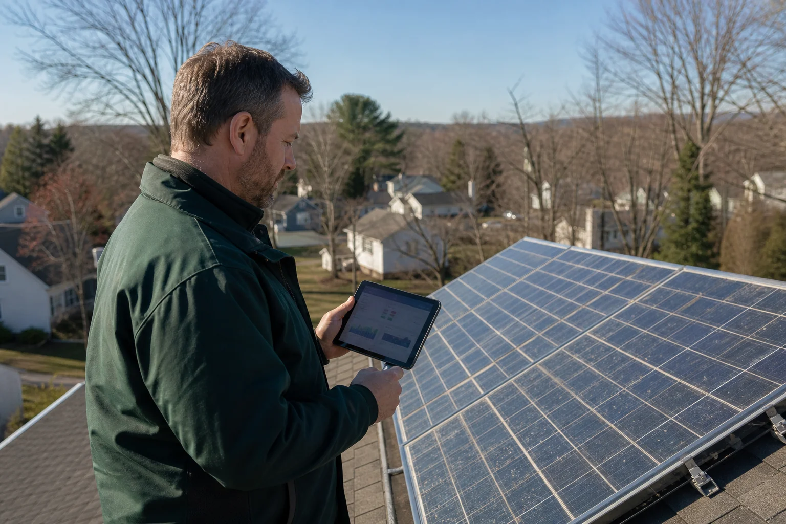 Solar technician using a tablet to inspect an older rooftop solar array during a system evaluation. Photorealistic photograph of a solar technician on a residential rooftop holding a tablet displaying system diagnostics, inspecting an older