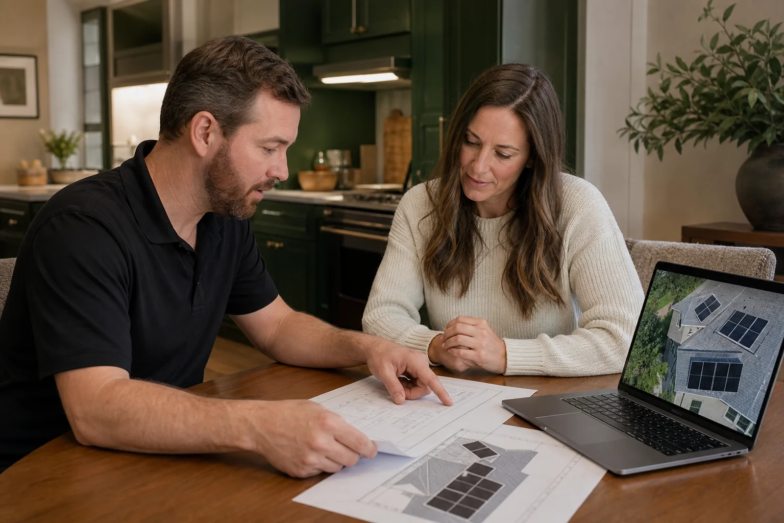 Homeowner reviewing a bundled solar and roofing quote document with a contractor at a kitchen table. Photorealistic photo of a homeowner and a contractor sitting at a kitchen table reviewing a printed quote and roof diagram, laptop open