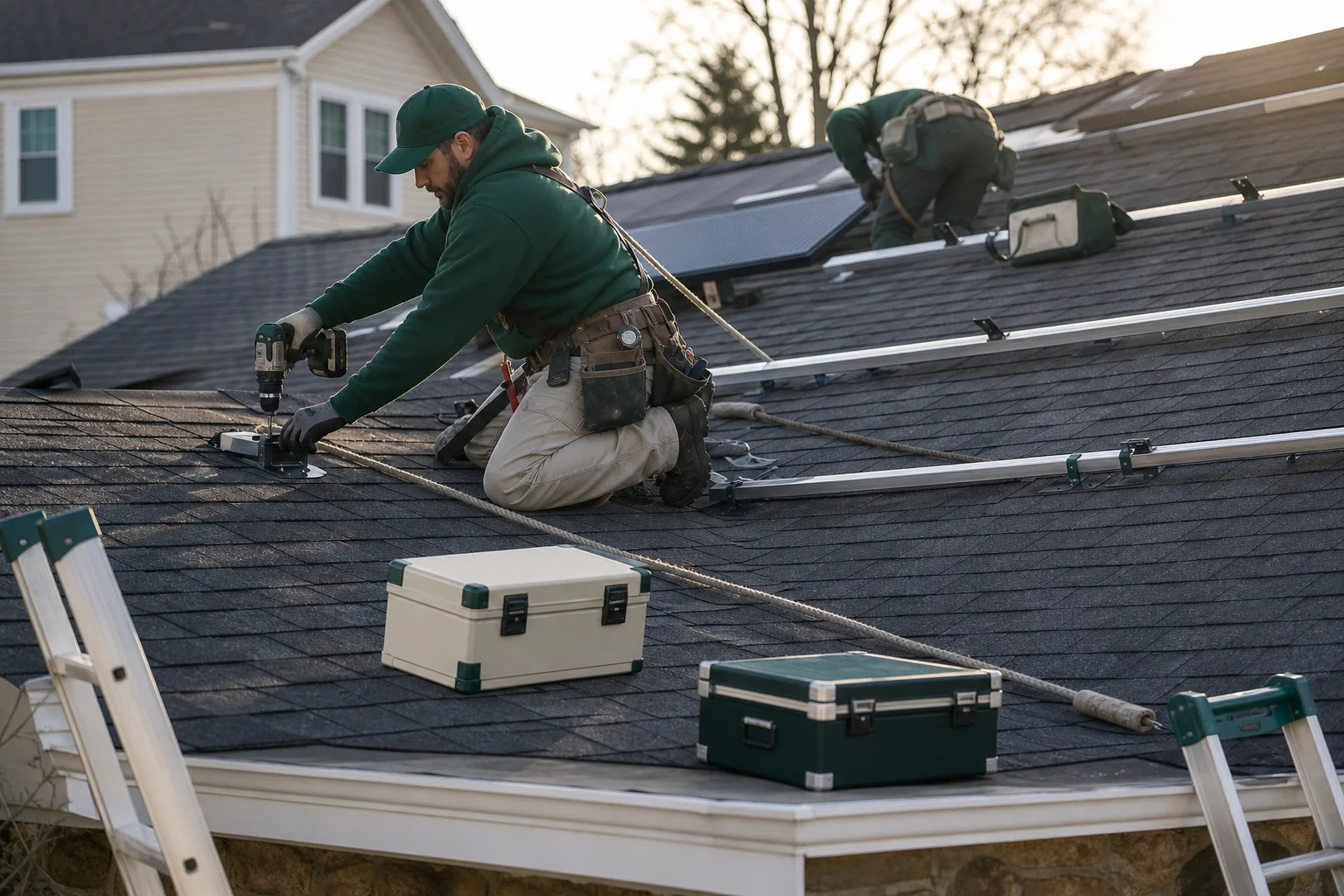 In-house crew installing new roofing decking with solar racking prep visible. Photorealistic photo of a residential roof mid-renovation in New England, a crew in branded workwear installing new asphalt shingles and solar racking rails side