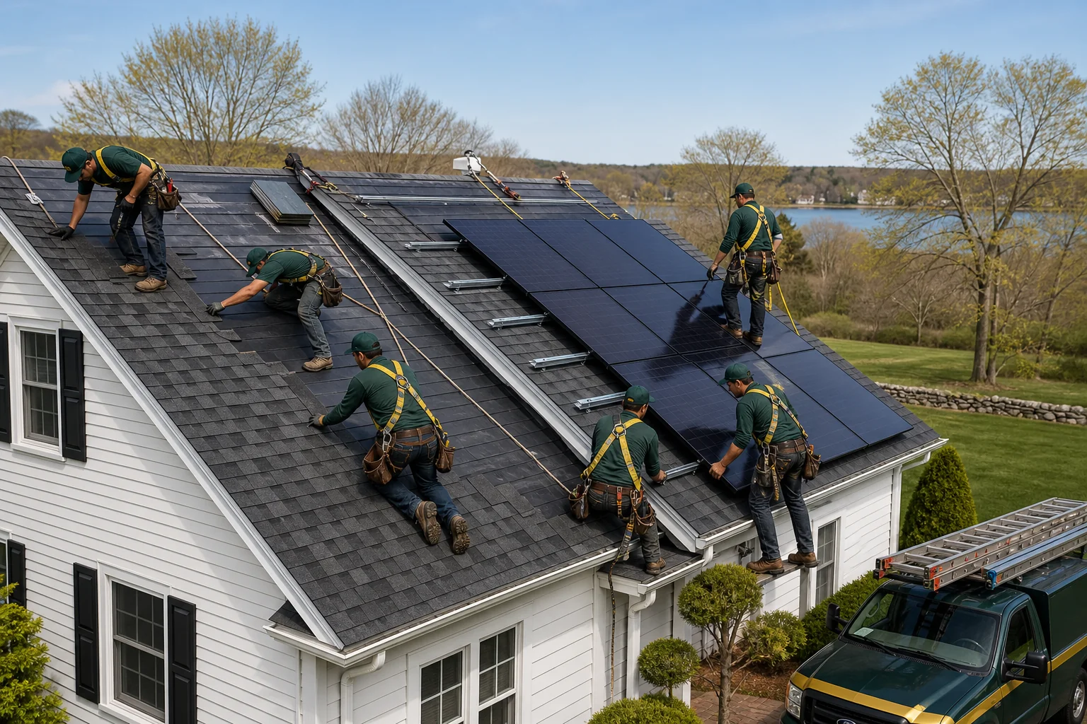Single crew working on both roofing and solar panel installation on the same day. Photorealistic photo of one unified installation crew on a residential rooftop, some workers laying shingles on one section while others mount solar panels on