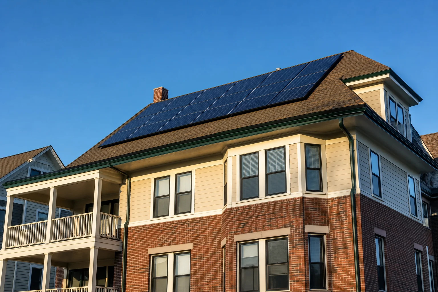 A multi-unit rental property in Connecticut with solar panels on the roof. photorealistic photo of a New England multi-family rental property, three-story brick and clapboard building, with a modern solar panel array installed on the roof