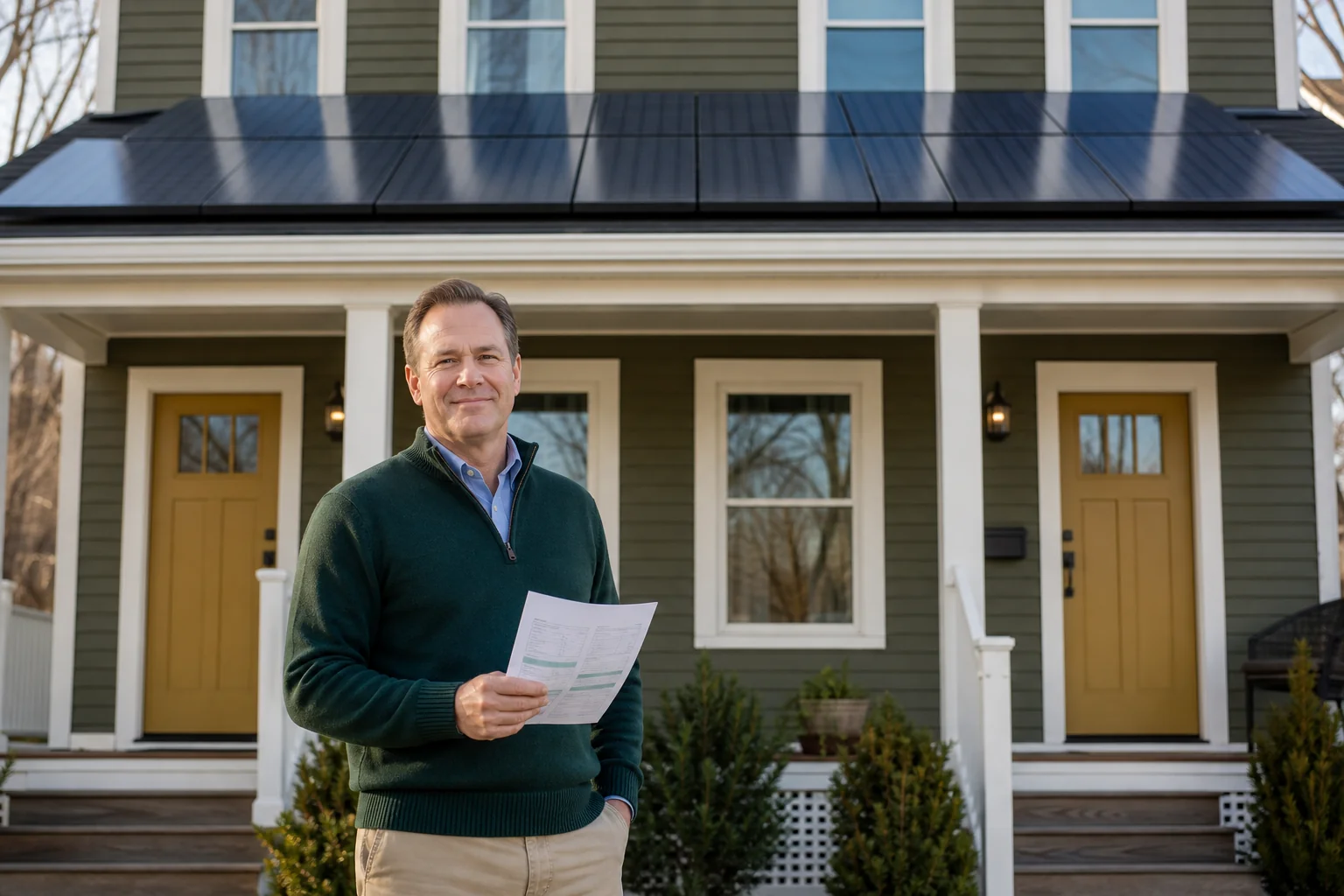 Landlord and tenant reviewing a utility bill together on a property porch. photorealistic photo of a property owner in business casual clothing standing on the porch of a New England rental duplex, holding a printed utility bill, solar