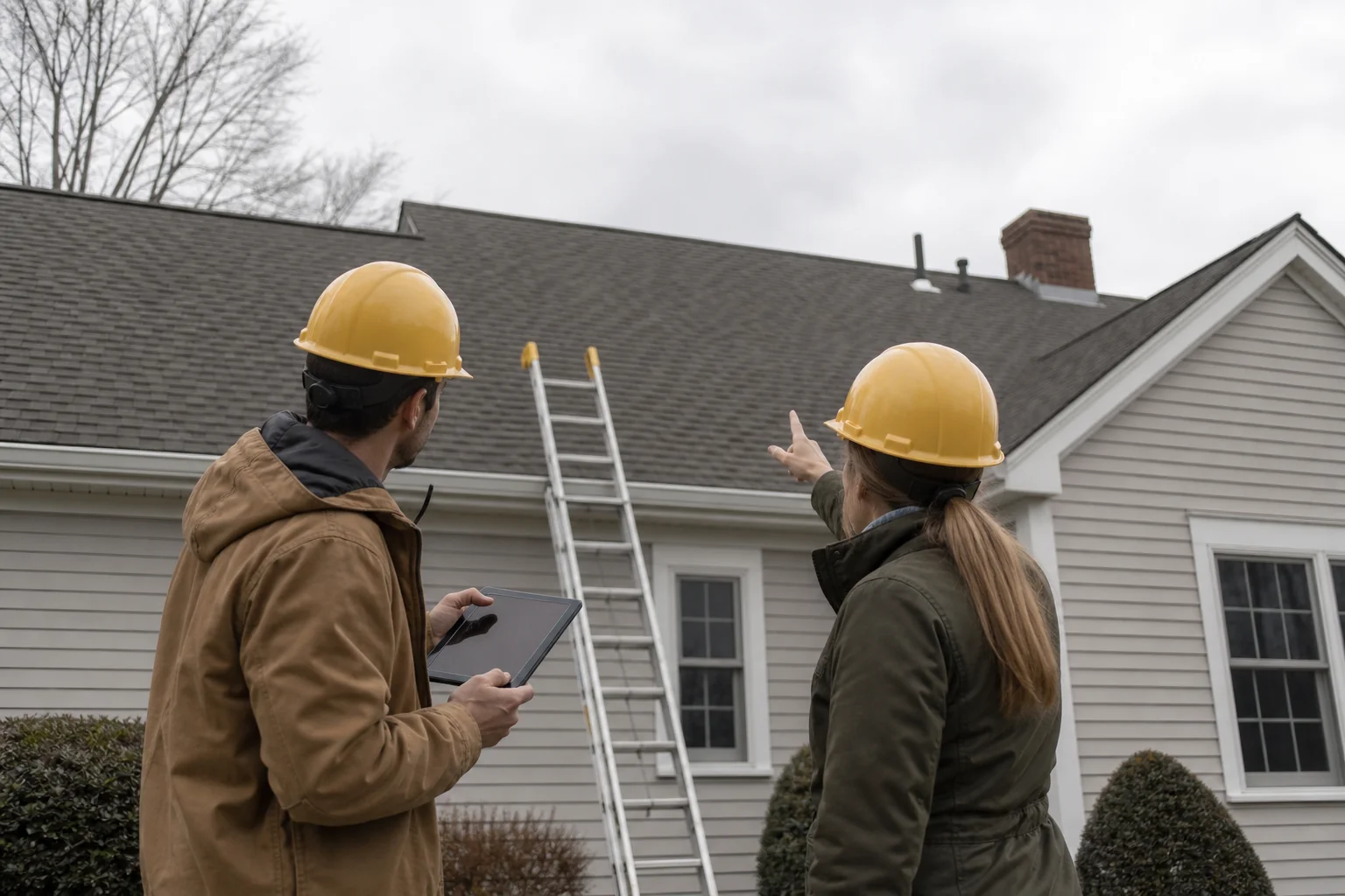 Solar installer and property manager inspecting roof condition before installation. photorealistic photo of two people in work attire and hard hats inspecting a residential rooftop before solar installation, one holding a tablet with roof