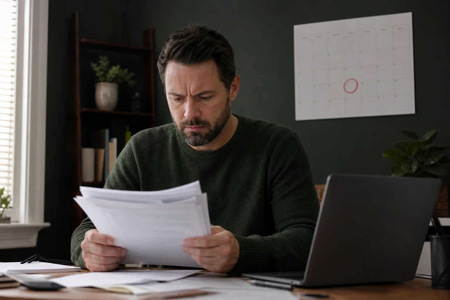 Frustrated homeowner looking at a stack of paperwork and a calendar showing a missed deadline. photorealistic photo of a homeowner at a home office desk looking concerned while reviewing a stack of paperwork, a wall calendar with a circled