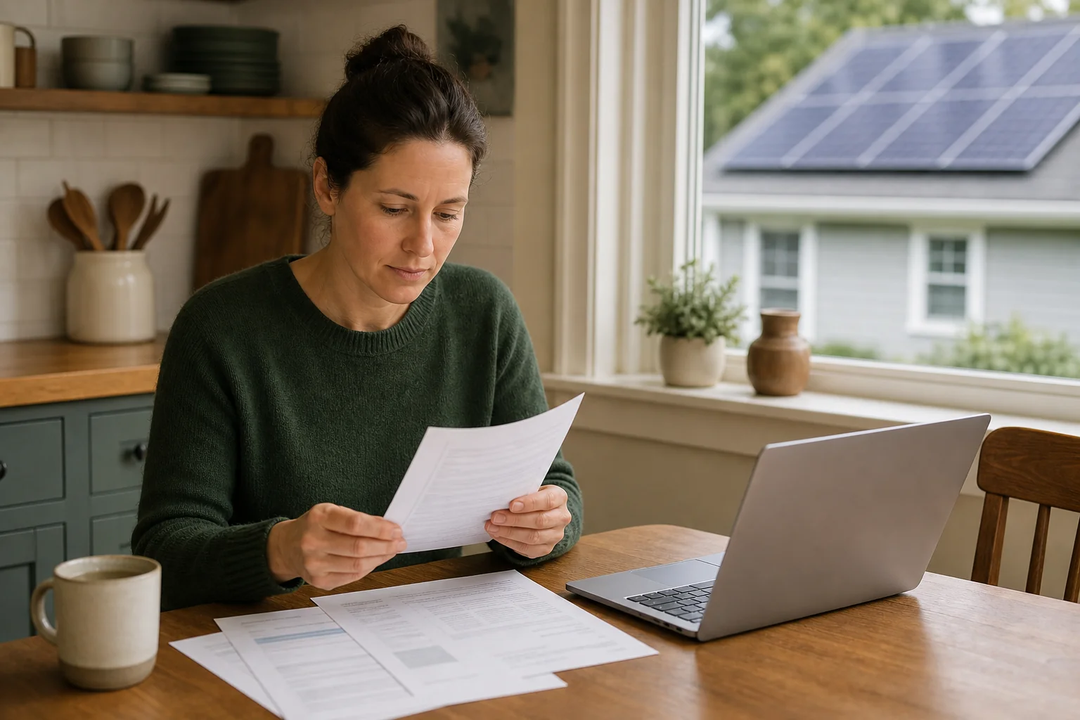 Homeowner reviewing solar paperwork and tax forms at a kitchen table with a view of rooftop panels outside. photorealistic photo of a homeowner sitting at a wooden kitchen table in a New England home, reviewing printed tax documents and an