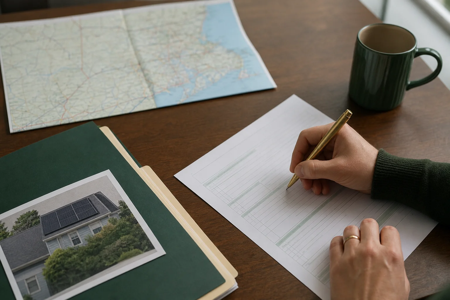 Close-up of hands filling out a state rebate application form next to a folder of solar documents. photorealistic photo of hands filling out a paper application form on a desk, a folder labeled with solar installation paperwork nearby, a