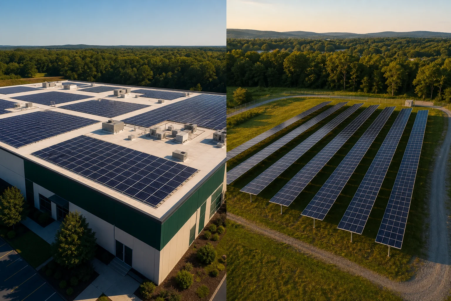 Split-scene aerial photo showing a commercial rooftop solar array on one side and a ground-mounted commercial solar array on adjacent land on the other side. Photorealistic aerial drone photograph split into two halves: left half shows a