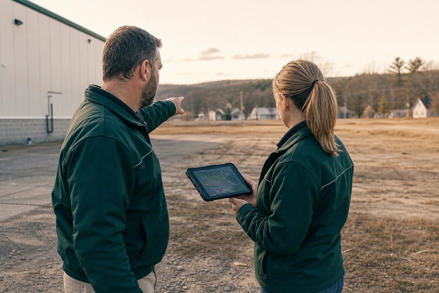 Photorealistic image of a commercial property owner and solar consultant walking a flat gravel lot beside a building assessing space for a ground mount array. Photorealistic photograph of two professionals in work jackets standing on an