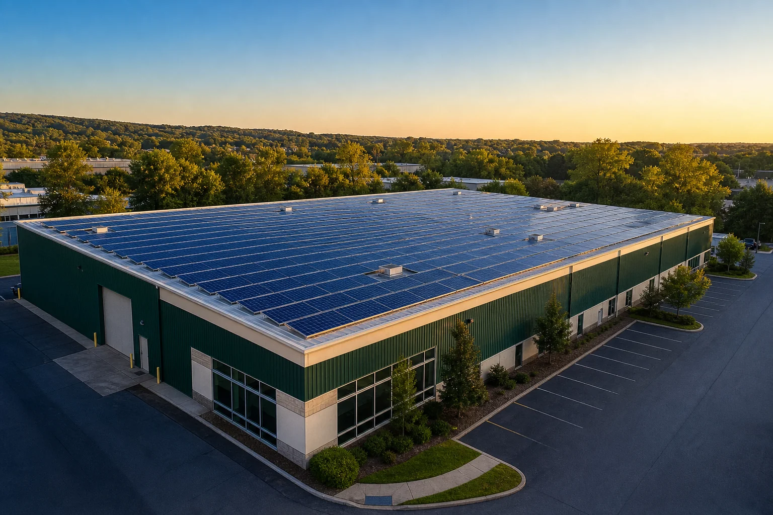 Photorealistic wide shot of a mid-size commercial warehouse with a large rooftop solar array under a bright sky, representing ROI-focused installation. Photorealistic wide-angle photograph of a mid-size commercial warehouse rooftop fully
