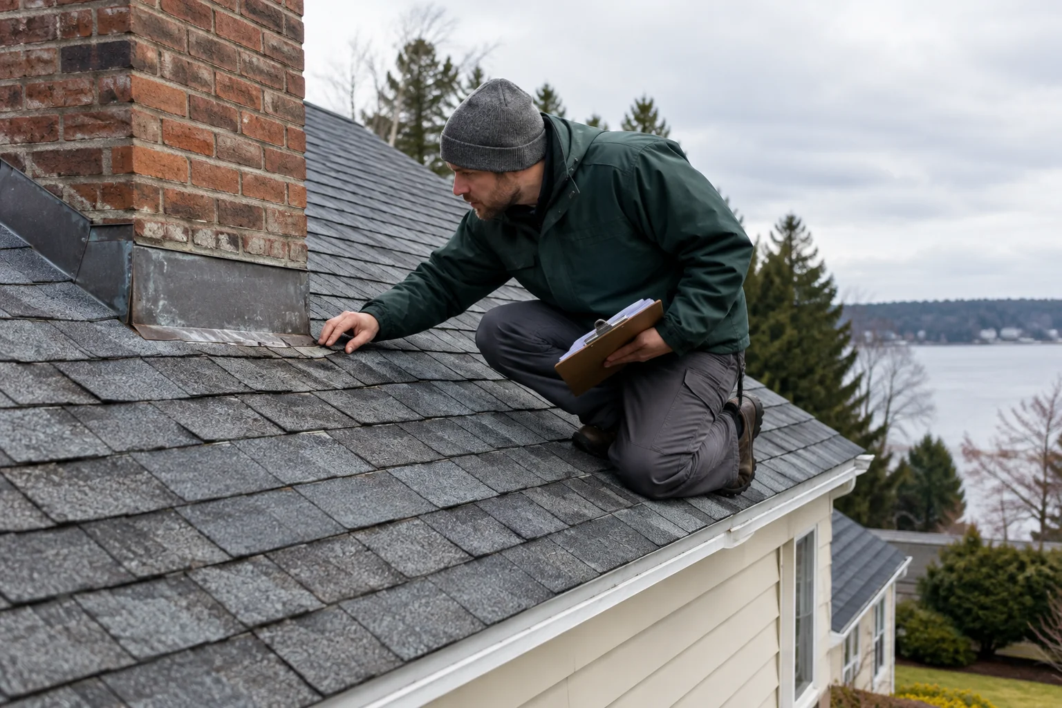 Roof inspector examining asphalt shingles and flashing before a solar install. photorealistic: A professional roofing inspector in work gear kneeling on a residential asphalt shingle roof in New England, closely examining shingle edges and