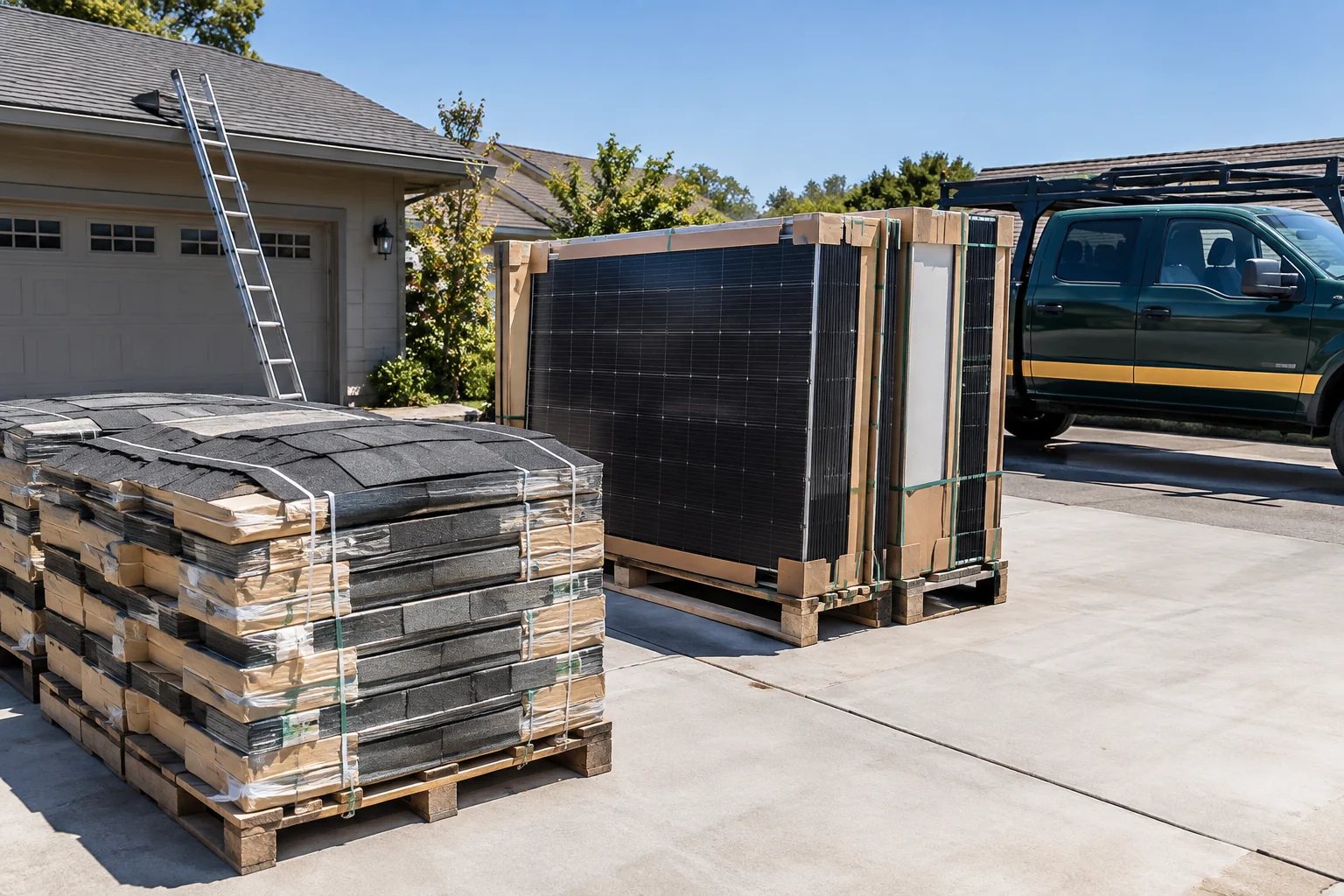 Side-by-side of roofing materials and solar panels staged for a bundled install. photorealistic: An organized residential job site showing stacked new roofing shingles and crated solar panels staged together on a driveway, ready for a