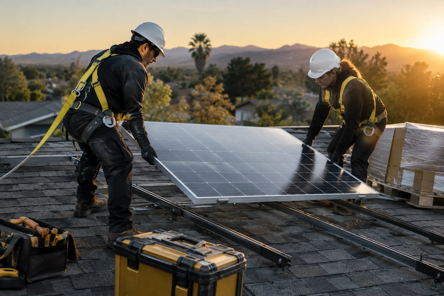 photorealistic: Two solar technicians in safety harnesses carefully lifting a solar panel off its mounting rails on a residential rooftop, tools and panel crate nearby, golden late-afternoon light, muted gold (#C9A227) accents on equipment